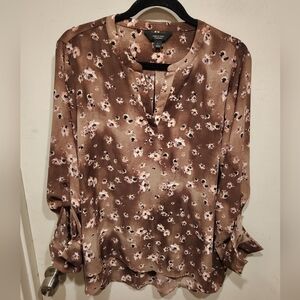 Simply Vera Wang NWT Brown Floral Chiffon Popover Top Sz L Career Casual Party
